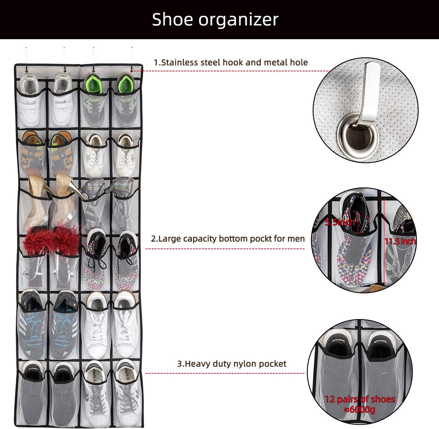Door Shoe Organizer - Hanging Shoe Organizer with 24 Mesh Large Pockets