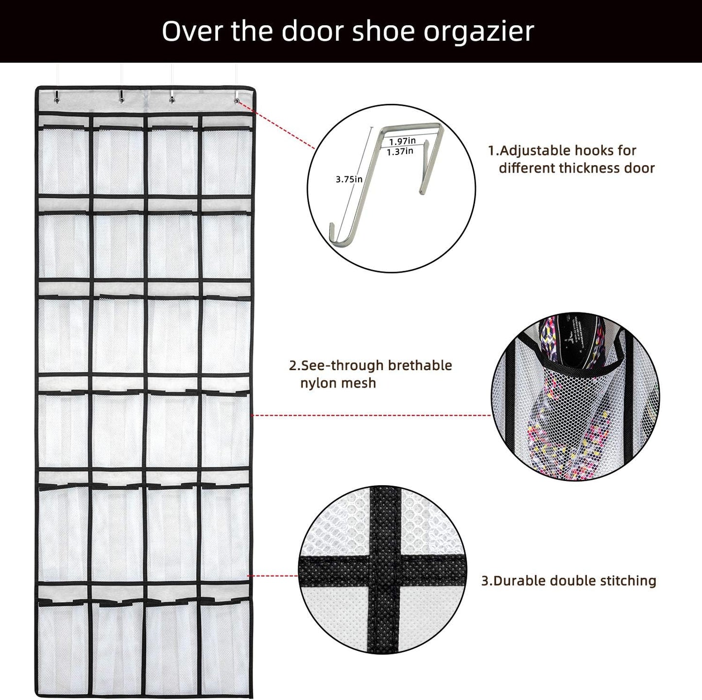 Door Shoe Organizer - Hanging Shoe Organizer with 24 Mesh Large Pockets