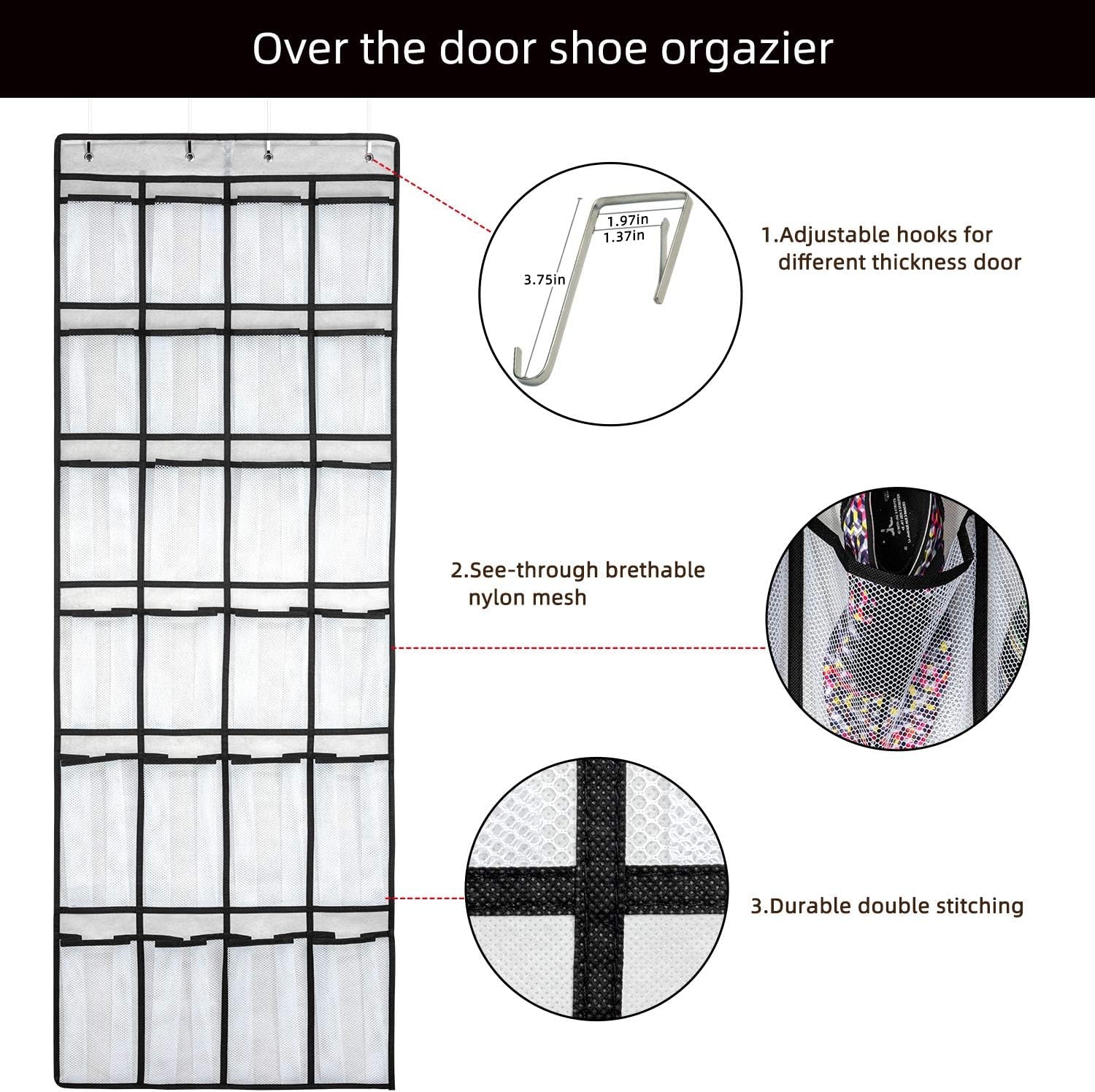  Door Shoe Organizer -  Hanging Shoe Organizer with 24 Mesh Large Pockets 